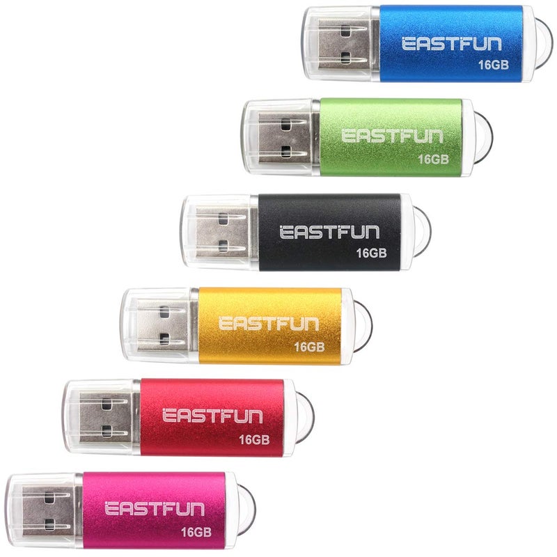 EASTFUN 6 Pack 16GB USB 2.0 Flash Drive Memory Stick Thumb Drive, with LED Indicator, 6 Pcs Mix Colors: Rose/Red/Gold/Black/Green/Blue - Image 1